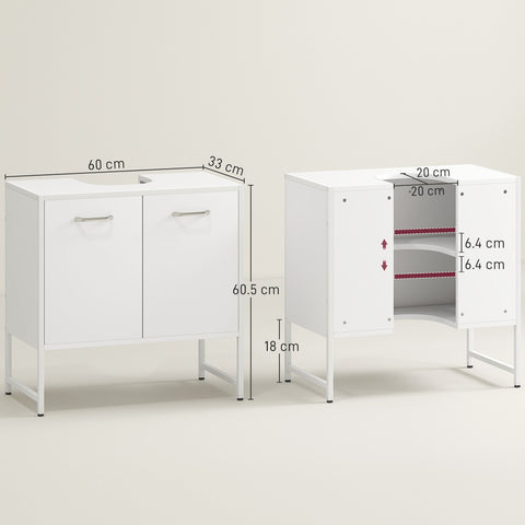White homcom bathroom sink storage cabinet with two soft-close doors silver handles and sink basin on top