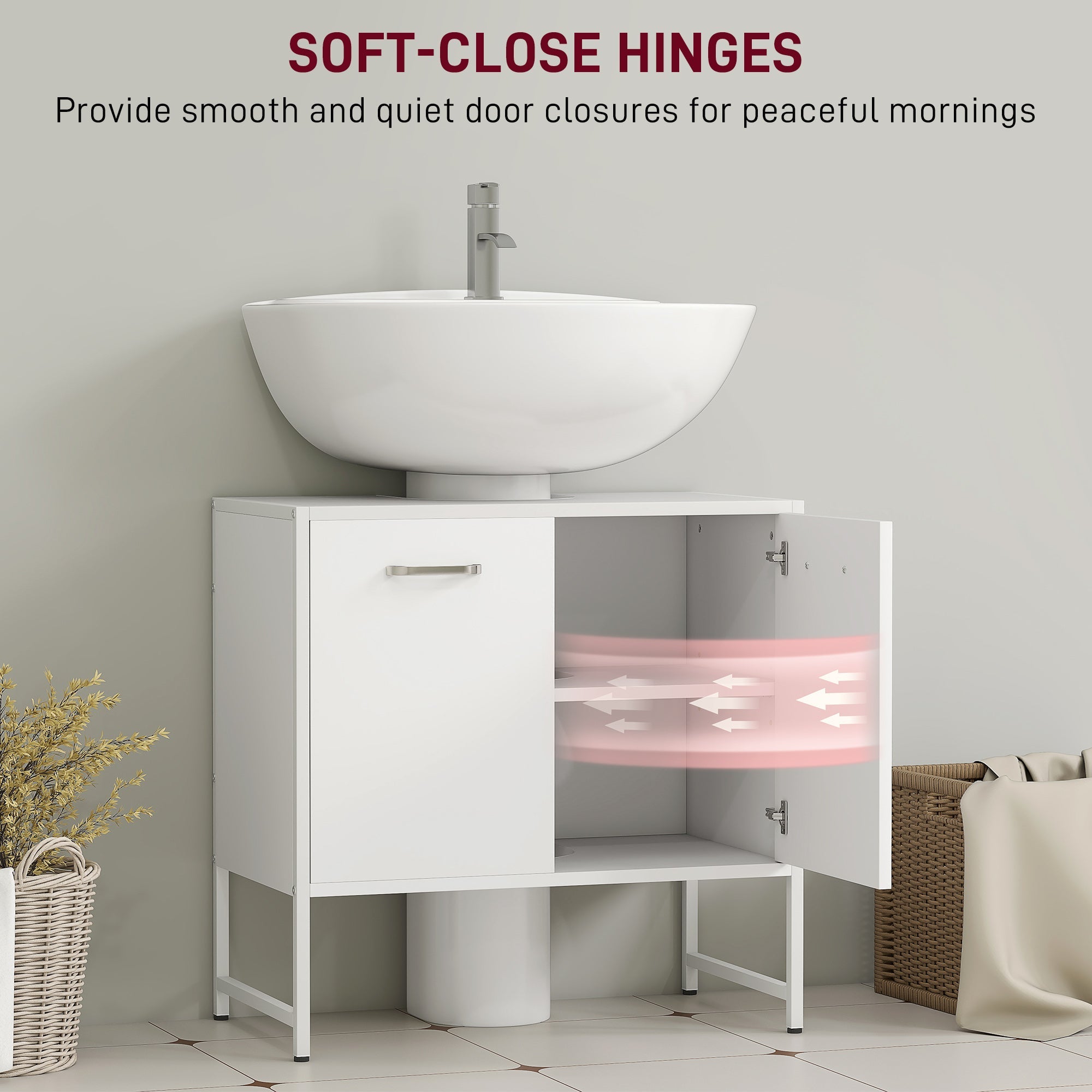 White ceramic bowl sink with sleek silver faucet on homcom white sink bathroom cabinet with soft-close doors
