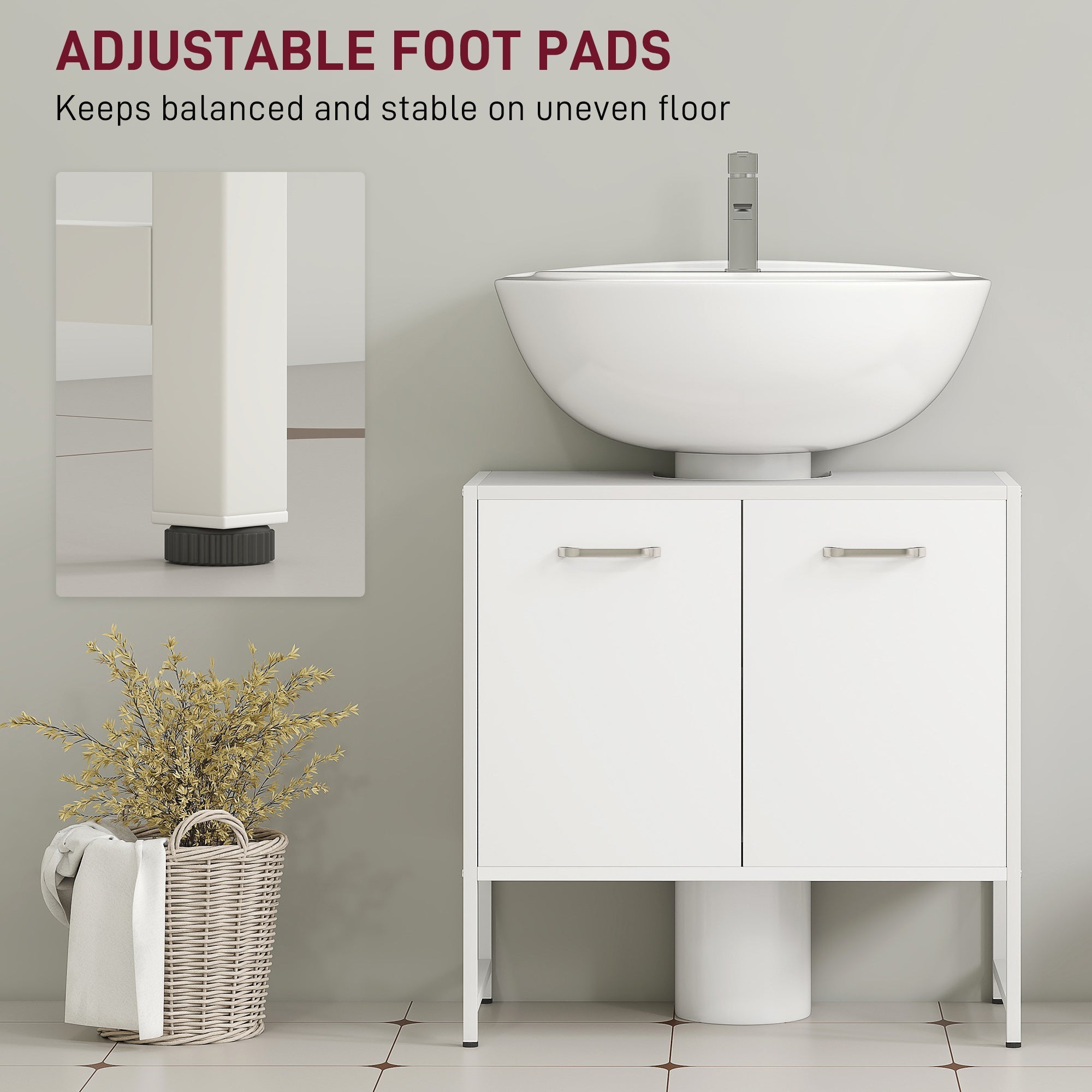 White ceramic vessel sink with chrome faucet on homcom sink bathroom cabinet with soft-close doors for storage