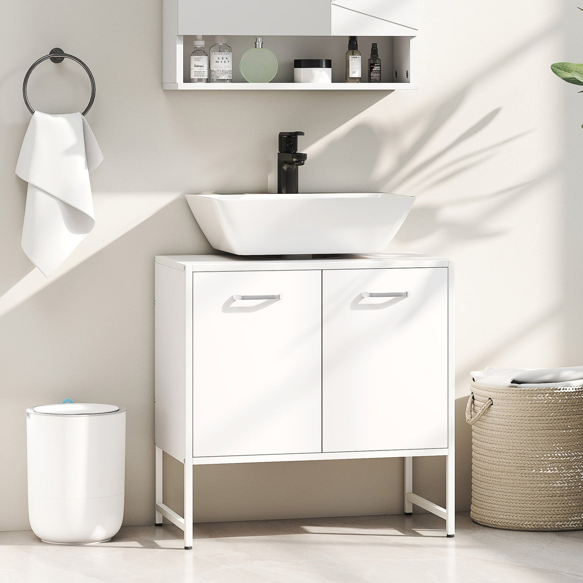 White ceramic vessel sink with black faucet on homcom white sink bathroom cabinet with soft-close doors and storage