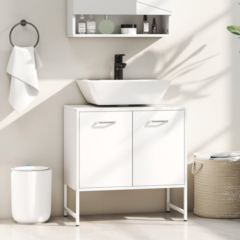 White ceramic vessel sink with black faucet on homcom white sink bathroom cabinet with soft-close doors and storage