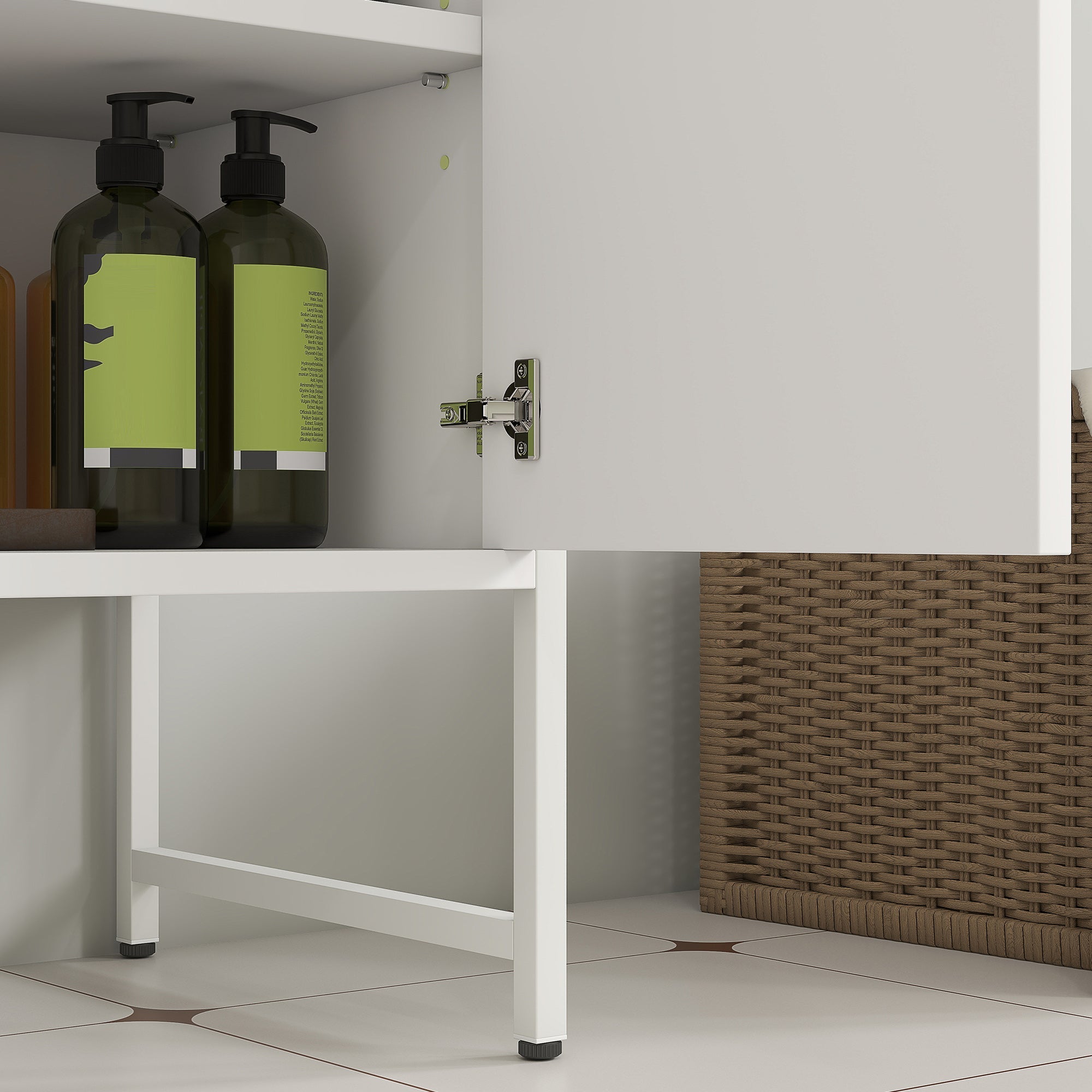 White homcom sink bathroom cabinet with sleek metal hinge soft-close doors and minimalist design for under sink storage