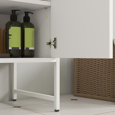 White homcom sink bathroom cabinet with sleek metal hinge soft-close doors and minimalist design for under sink storage