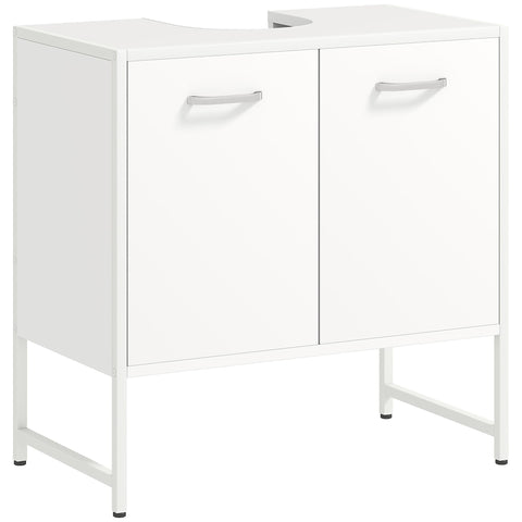 White HOMCOM sink bathroom cabinet with two soft-close doors silver handles under sink storage unit