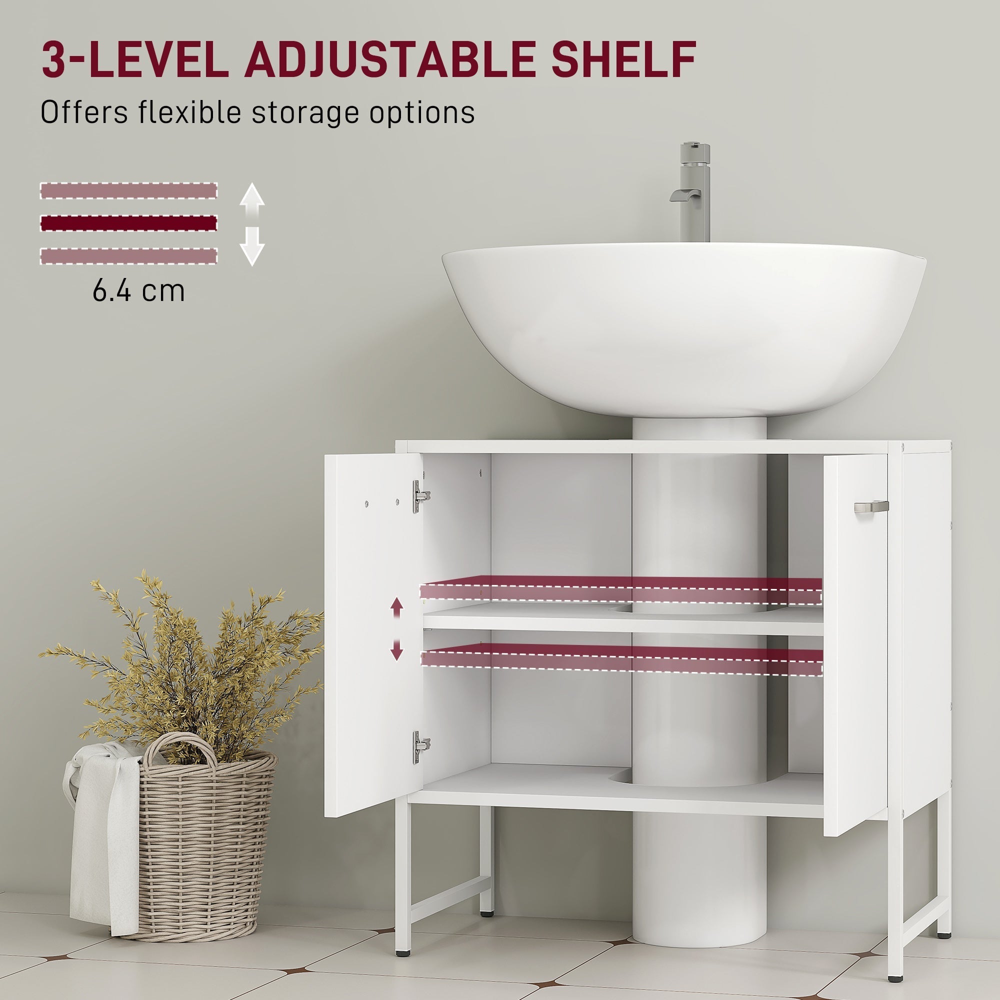 White homcom sink bathroom cabinet with adjustable maroon shelves and soft-close doors for under sink storage