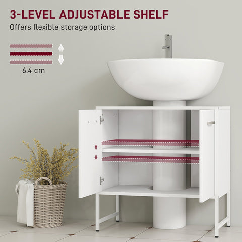 White homcom sink bathroom cabinet with adjustable maroon shelves and soft-close doors for under sink storage
