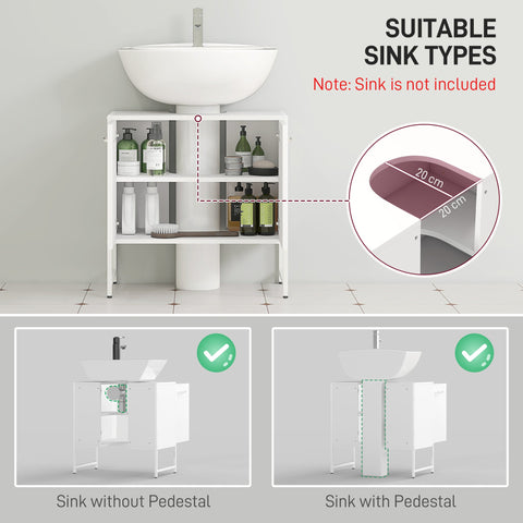 White minimalist homcom sink bathroom cabinet with open shelving and 20cm x 20cm countertop cutout