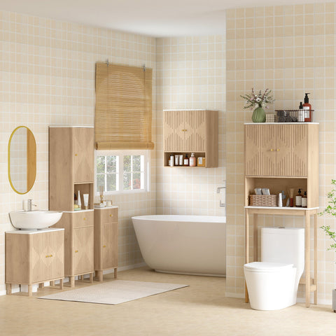 Light wood finished bathroom wall cabinet with geometric paneling and gold hardware by HOMCOM with adjustable shelf
