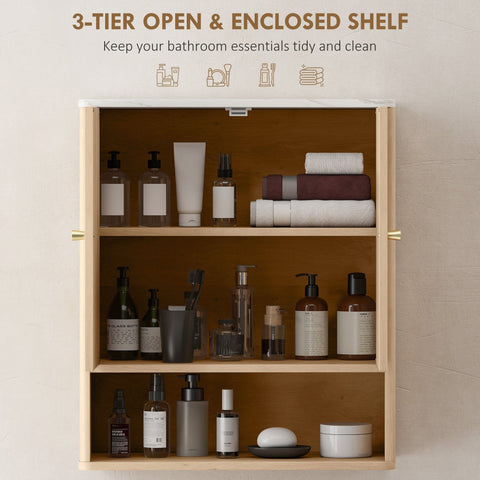 Light wood oak bathroom wall cabinet with three-tier open and enclosed shelves and gold-tone hardware wall cabinet