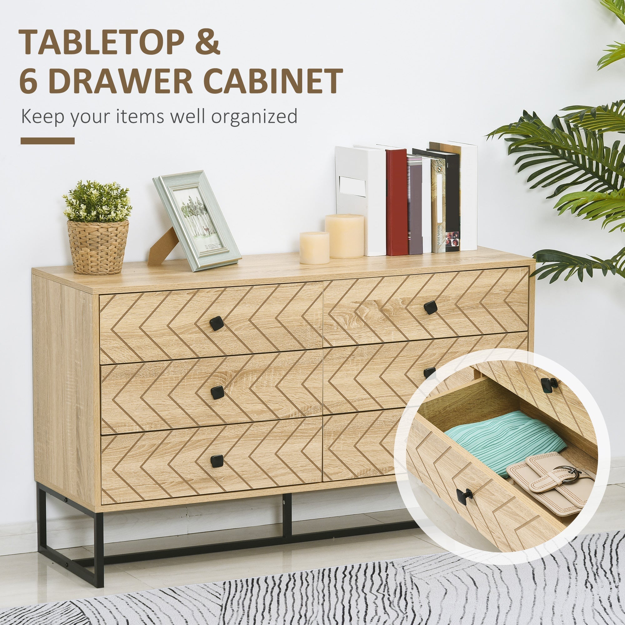 HOMCOM Bedroom Chest of Drawers, 6 Drawer Dresser, Sideboard Cabinet with Zigzag Design and Metal Base, Storage Drawer Unit, 120x71cm, Natural