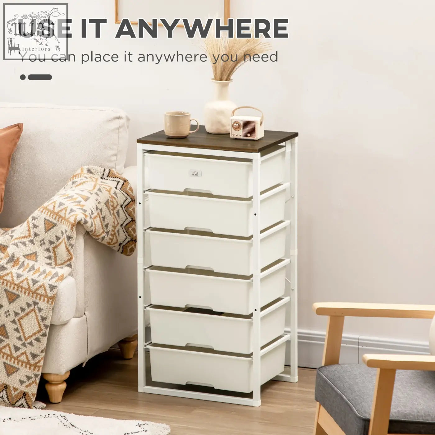 White plastic storage unit with five drawers and dark wood top featuring steel frame for bedroom organization