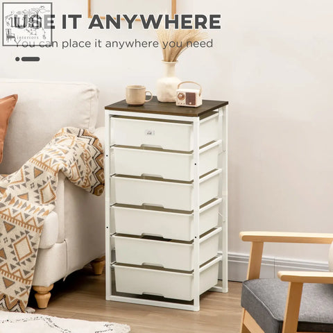 White plastic storage unit with five drawers and dark wood top featuring steel frame for bedroom organization