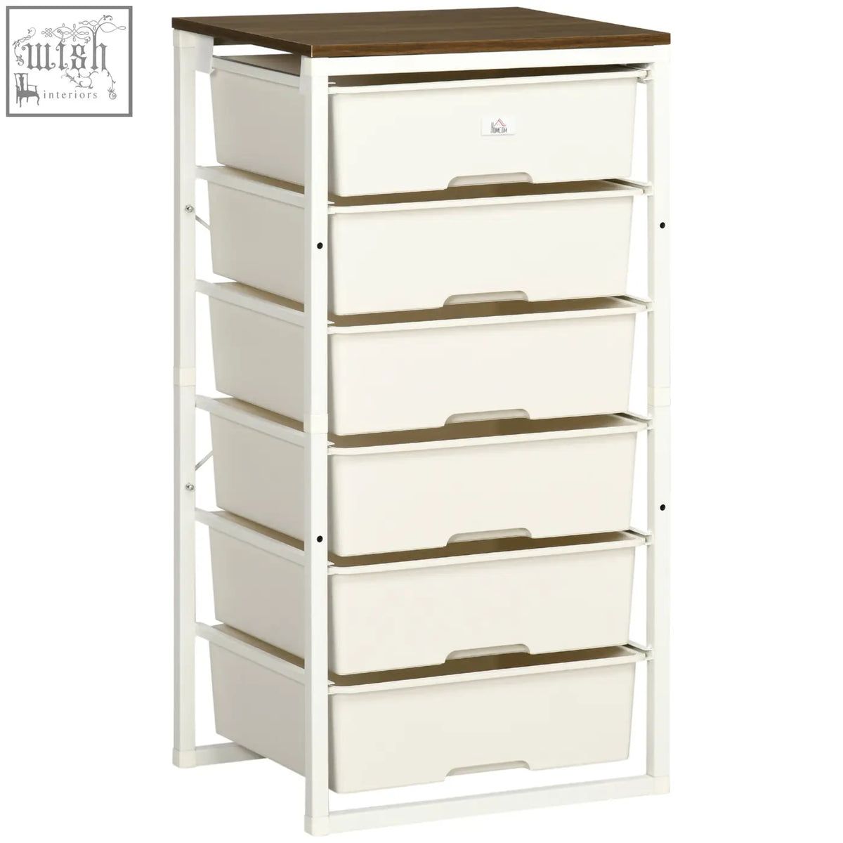 HOMCOM bedroom chest of drawers with six drawers white plastic drawers wooden top and steel frame for storage