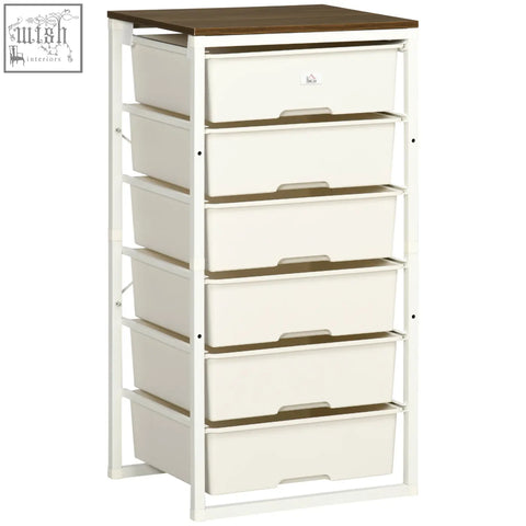 HOMCOM bedroom chest of drawers with six drawers white plastic drawers wooden top and steel frame for storage