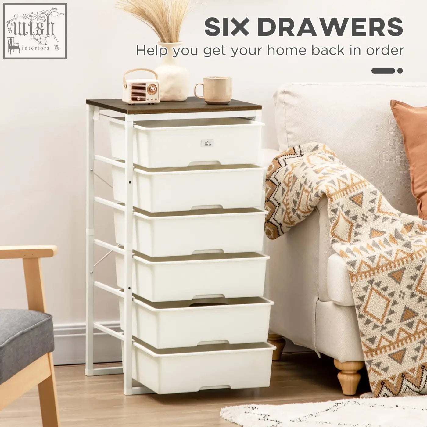 White homcom bedroom chest of drawers with steel frame six drawers offer tall storage and dark wood top