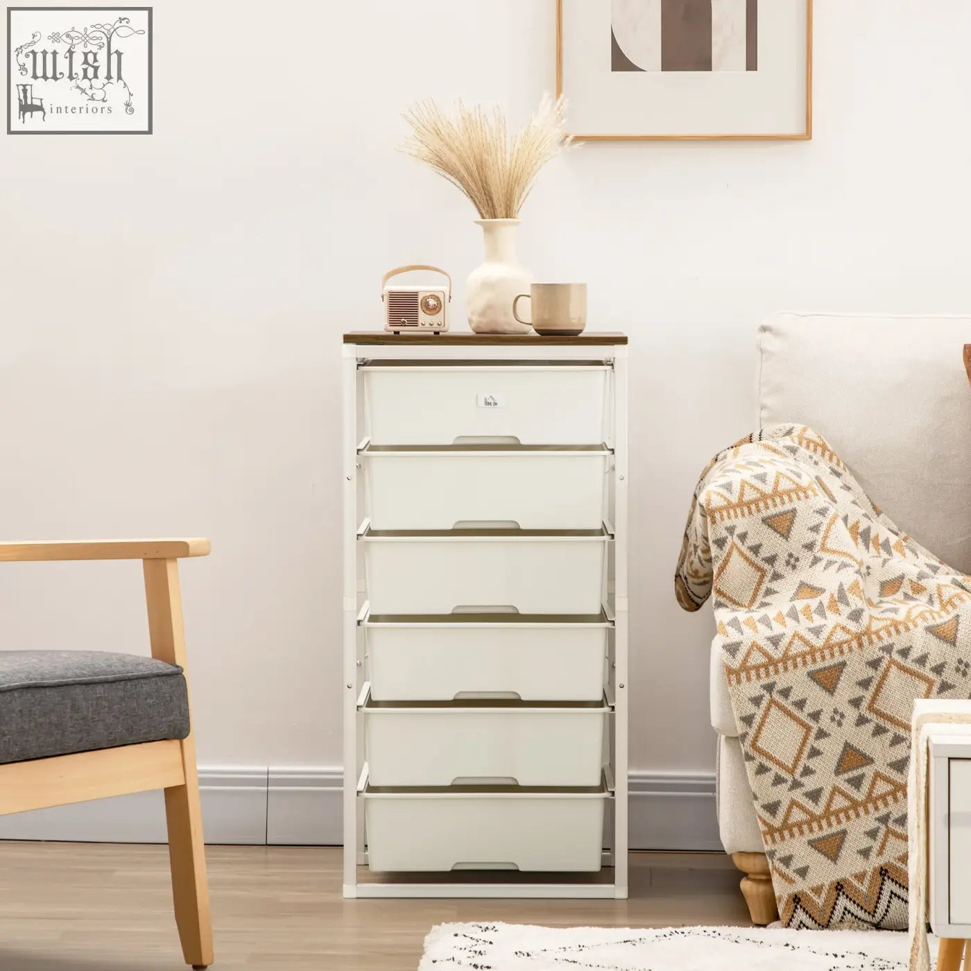 White homcom bedroom chest of drawers with six drawers steel frame and dark wood top for tall storage unit