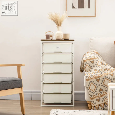 White homcom bedroom chest of drawers with six drawers steel frame and dark wood top for tall storage unit