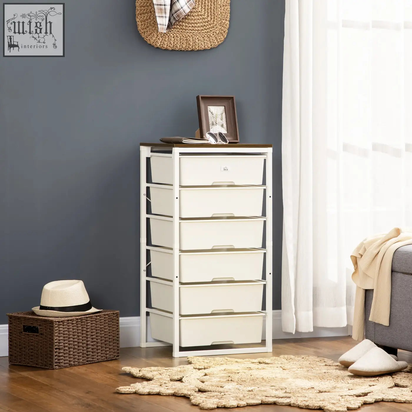 White six drawer bedroom chest of drawers with steel frame and wooden top for living room storage