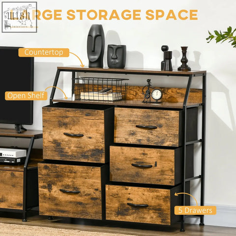 Rustic brown homcom bedroom chest of drawers with black metal frame five fabric drawers and open shelf for living room