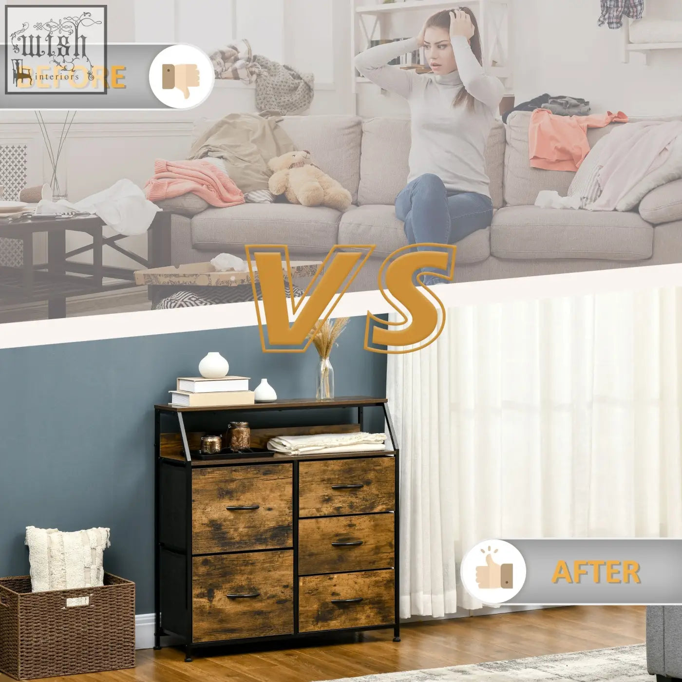 Rustic brown homcom bedroom chest of drawers with fabric drawers black metal frame and open shelf for living room