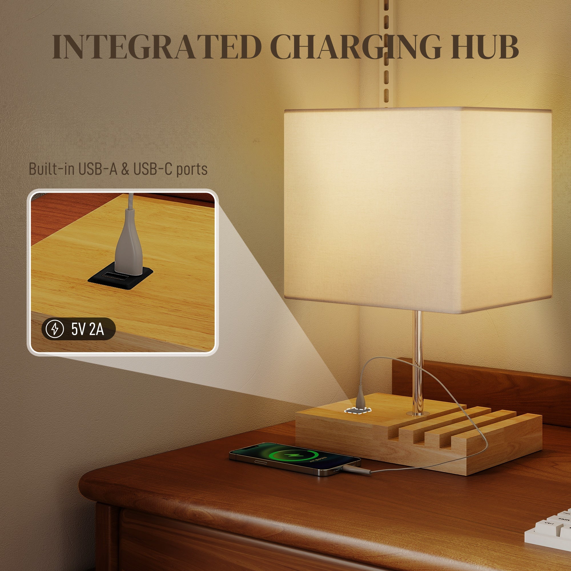 Wooden homcom bedside lamp with square off-white fabric shade and charging hub on metallic base for modern living spaces