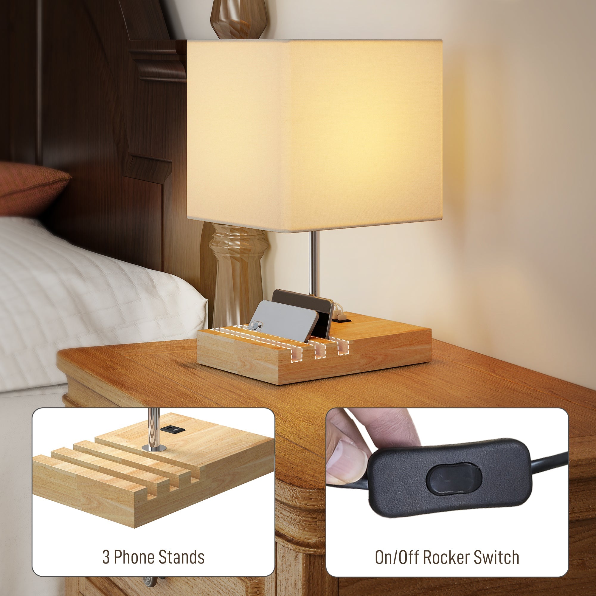 Wooden phone charging station with three slots and black rocker switch on homcom bedside lamp with fabric shade