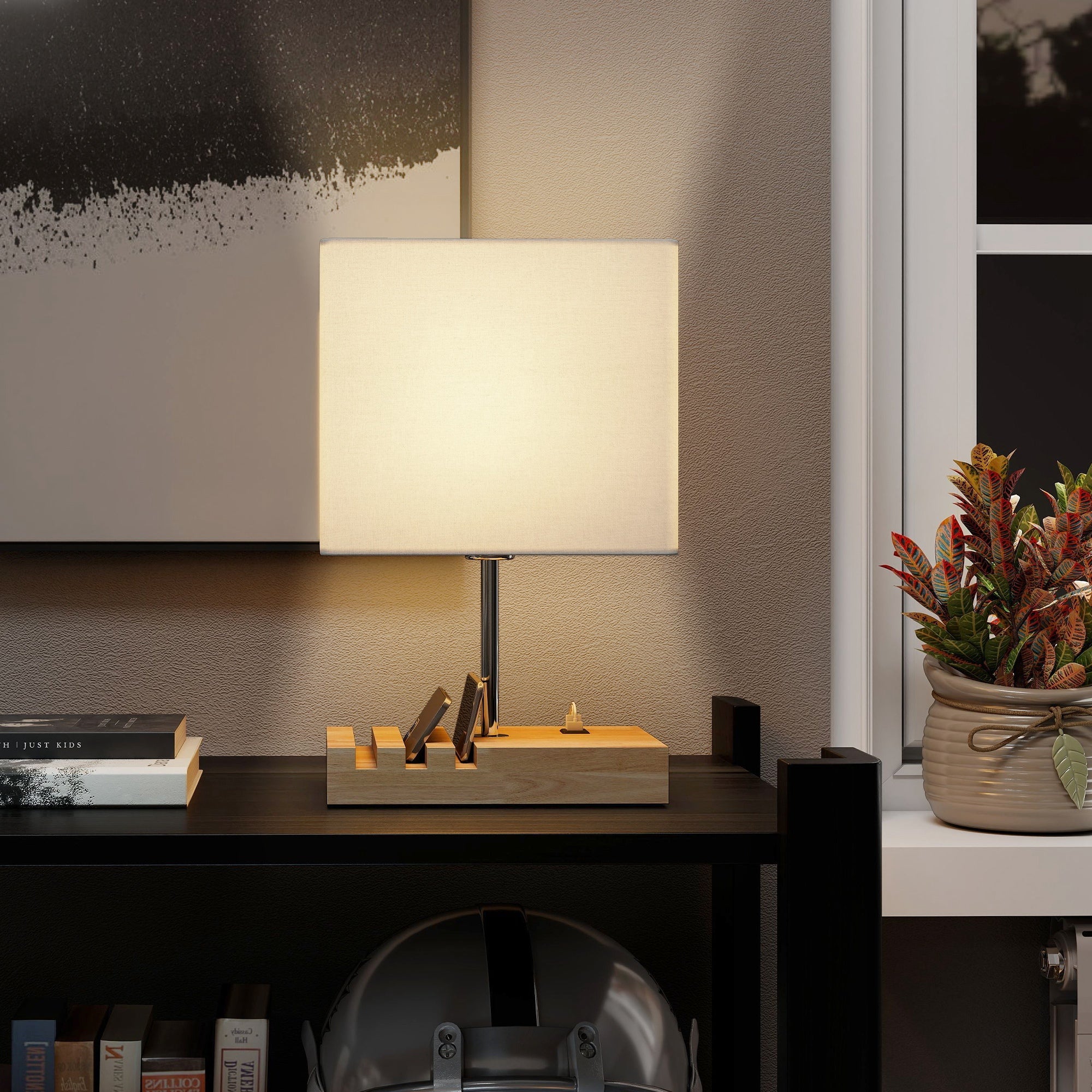 Modern table lamp homcom bedside lamp with cream fabric shade and metallic base on wooden tray with phone chargers