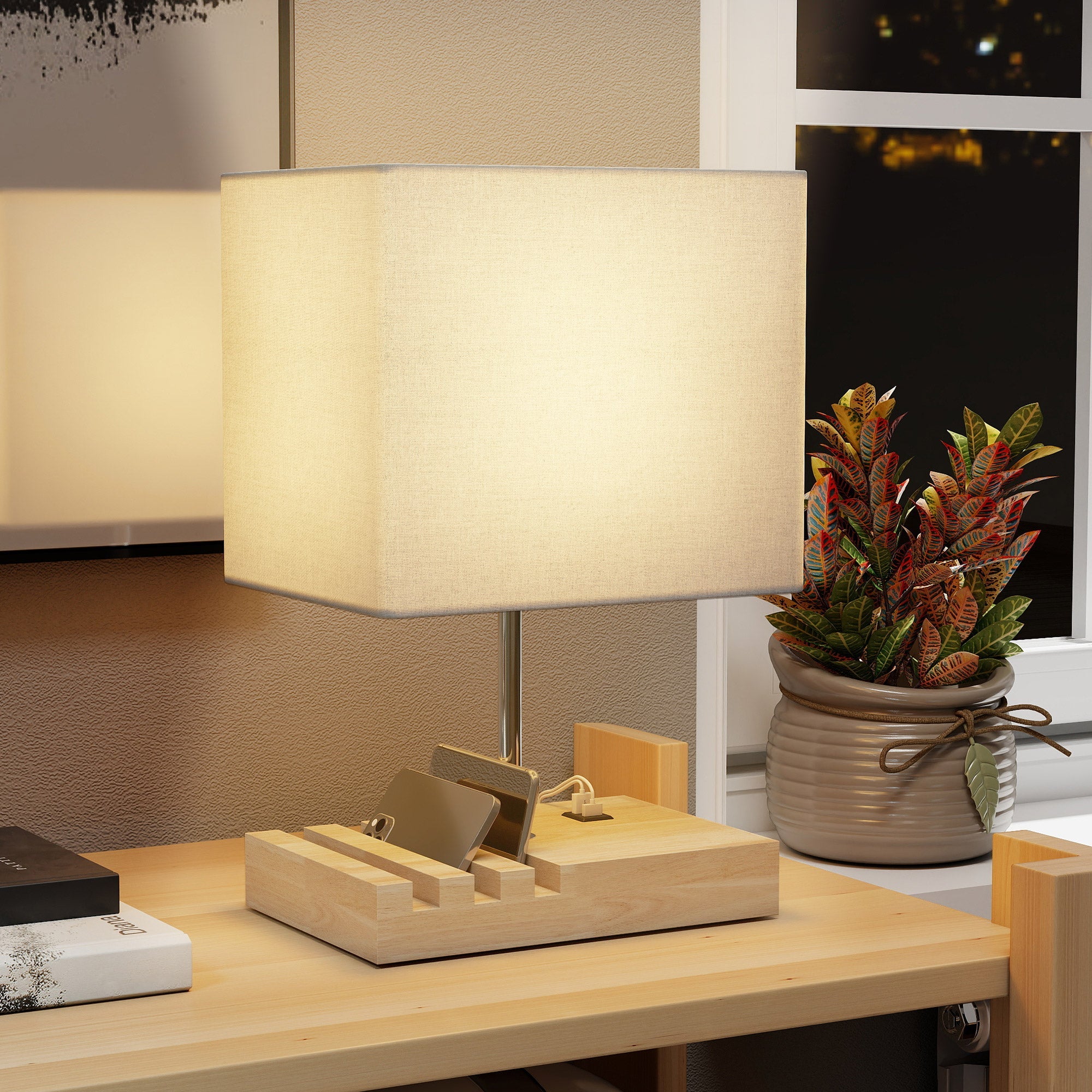 Beige linen homcom bedside lamp with solid wood base and usb charging ports for modern bedroom or office use