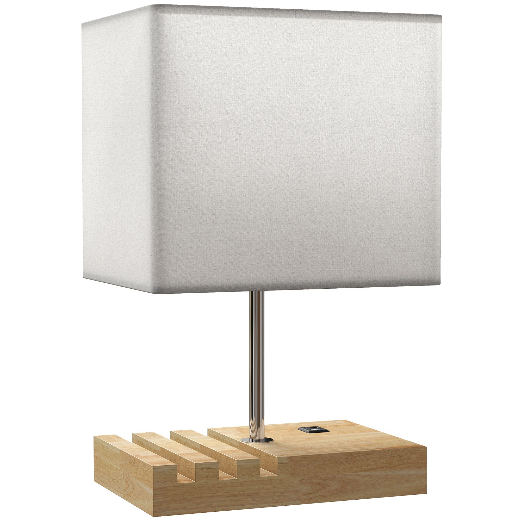 Modern homcom bedside lamp with white fabric shade chrome stem and wooden slatted base for bedroom and office use
