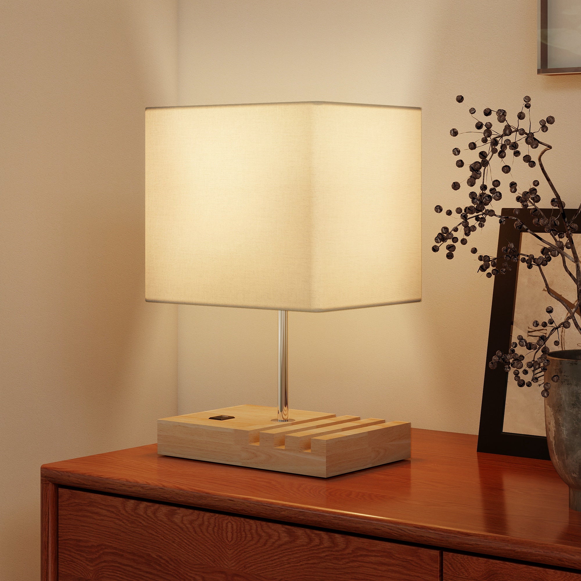 Minimalist homcom bedside lamp with cream fabric shade, slender metal stem, and wood slatted base modern table lamp