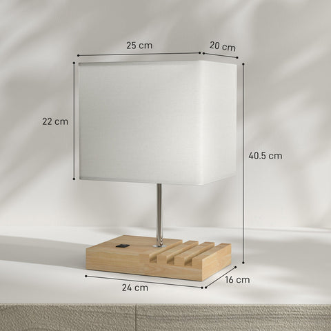 Modern homcom bedside lamp with white fabric shade, solid wood base with slats, and usb a+c charging for bedroom use