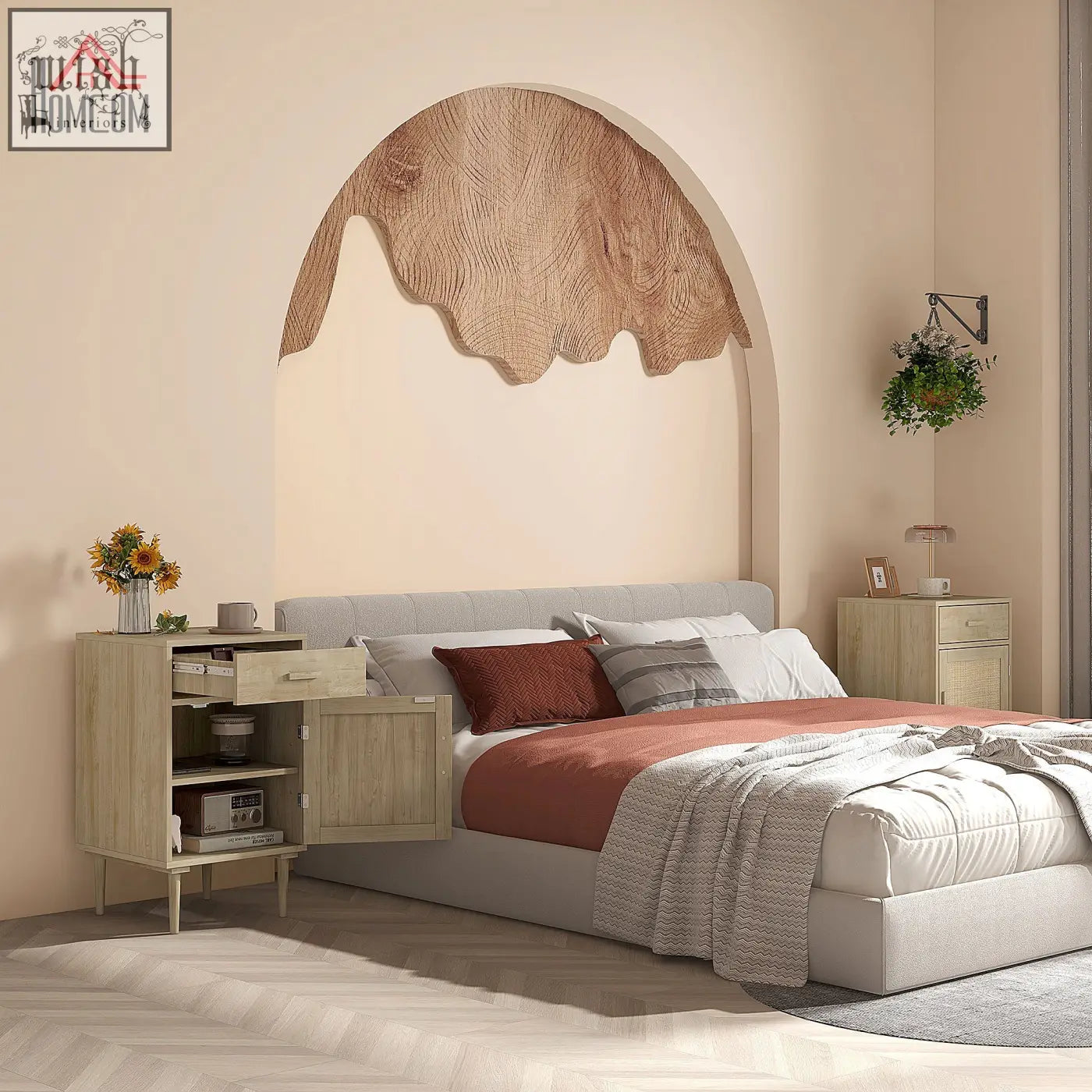 Light oak homcom bedside table with rattan weave panel drawer open shelving and minimalist design for bedroom storage