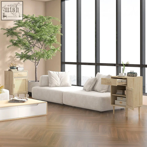Light wood homcom bedside table with rattan weave panel, single drawer, and open shelf for bedroom storage