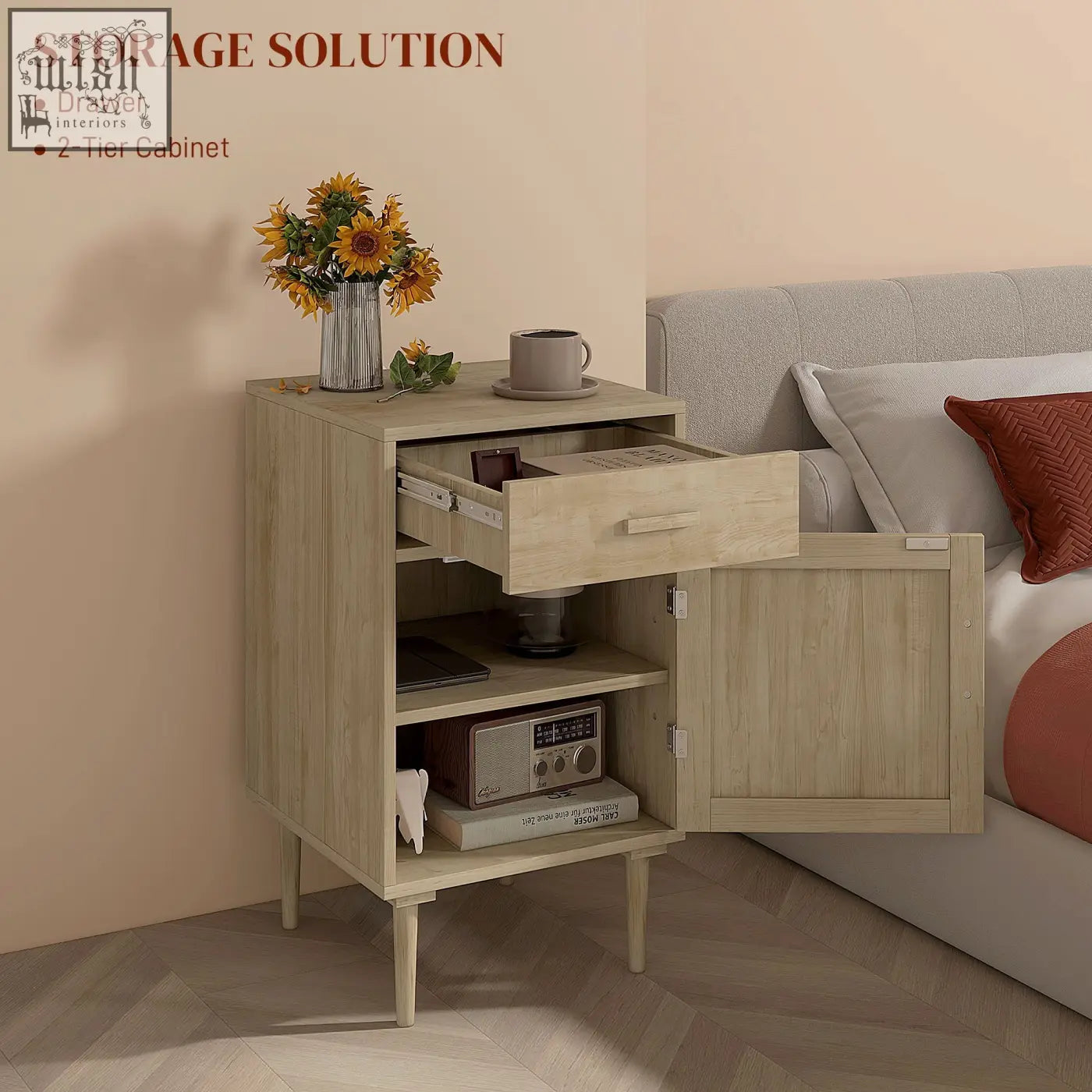 Light wood finish homcom bedside table with rattan weave panel drawer door and tapered legs for bedroom storage