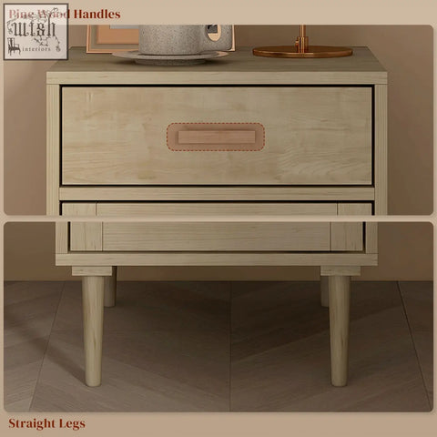 Light-colored pine wood homcom bedside table with recessed drawer and minimalist design featuring rattan weave panel