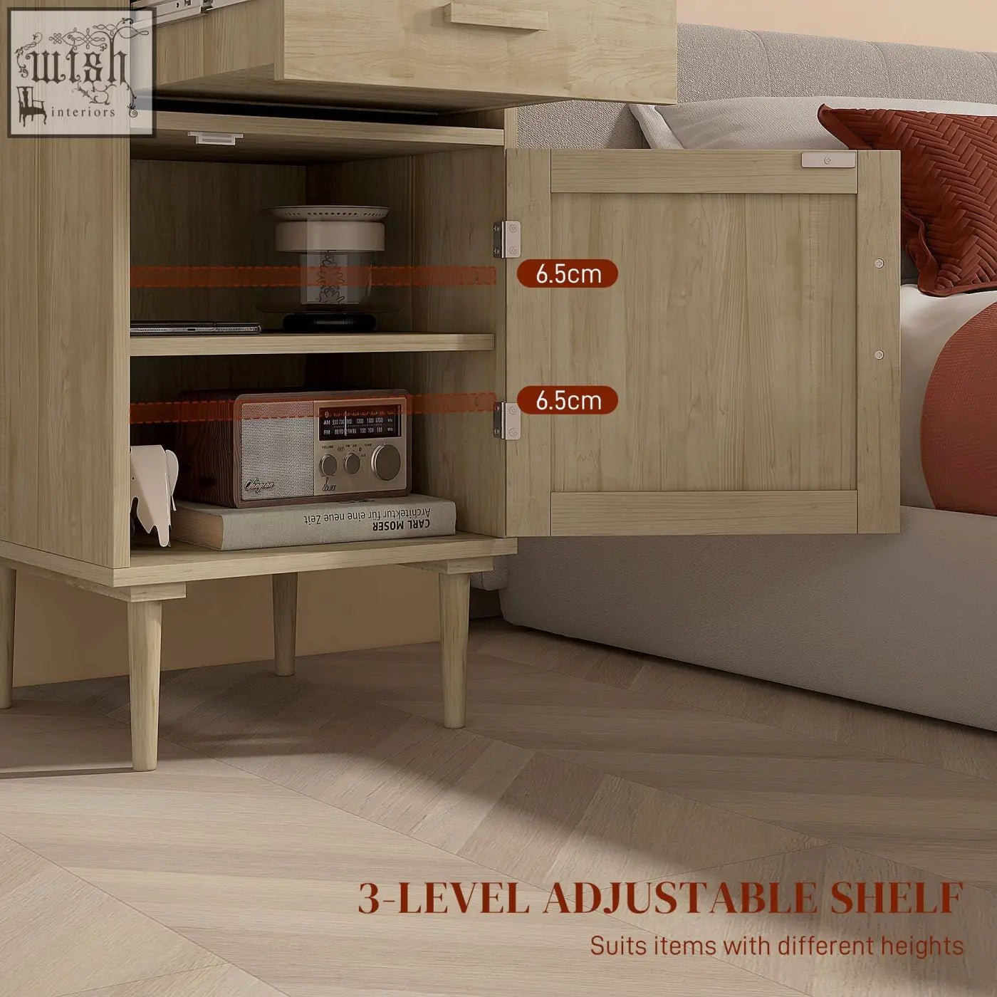 Light wood finish homcom bedside table with adjustable shelves cabinet door and rattan weave panel for bedroom storage