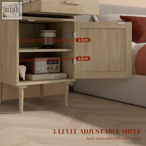 Light wood finish homcom bedside table with adjustable shelves cabinet door and rattan weave panel for bedroom storage