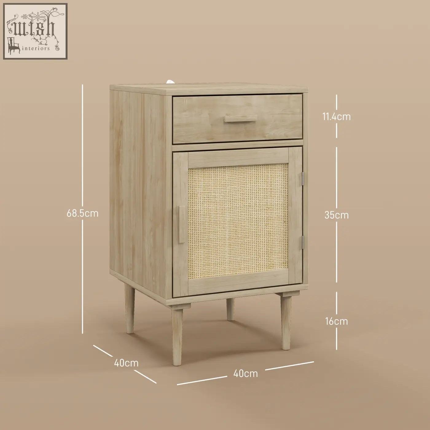 Light gray homcom bedside table with rattan weave panel drawer and cabinet door on slender legs for bedroom storage