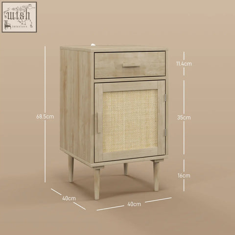 Light gray homcom bedside table with rattan weave panel drawer and cabinet door on slender legs for bedroom storage