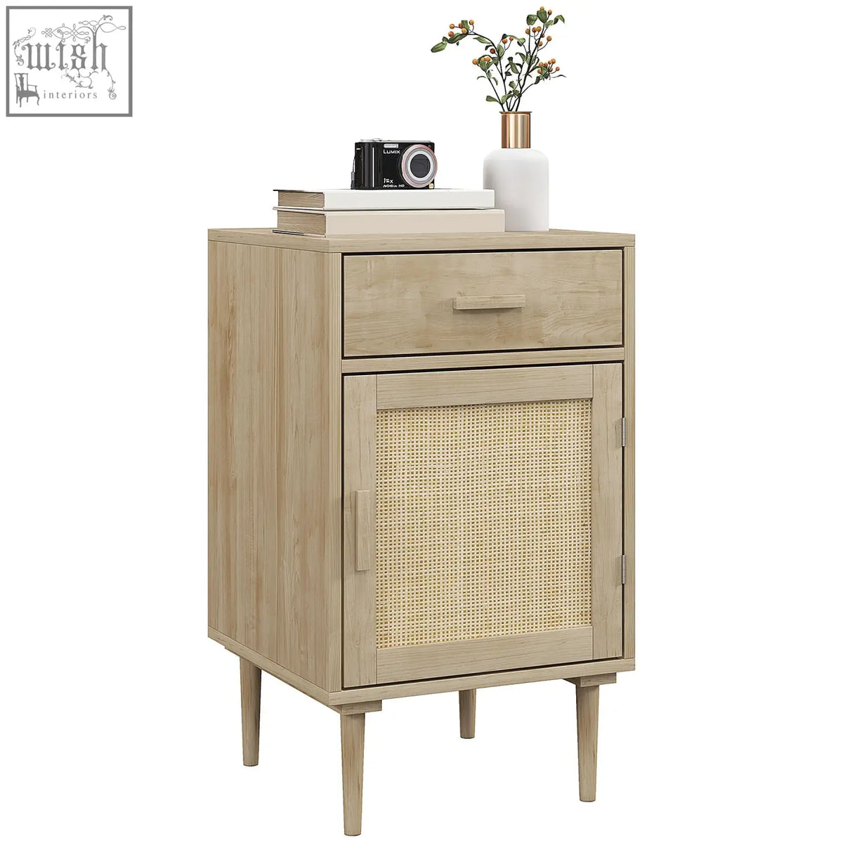 Light wood homcom bedside table with rattan weave panel drawer and cabinet for bedroom storage