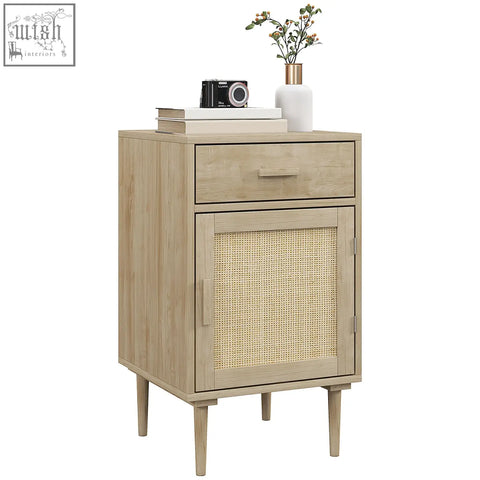 Light wood homcom bedside table with rattan weave panel drawer and cabinet for bedroom storage