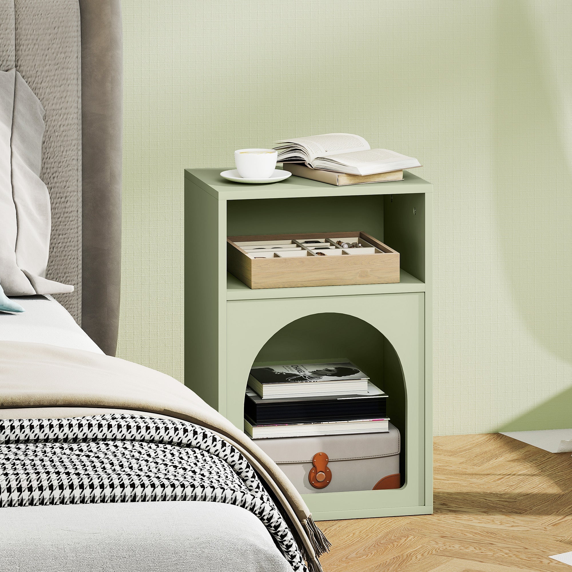 Mint green homcom bedside table with two open compartments arched lower section and wooden tray on top