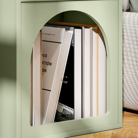 Mint green homcom bedside table with 2 open compartments and sleek arched bookshelf holding neatly arranged books