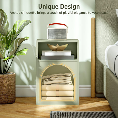 Pastel light green homcom bedside table with minimalist arched design and 2 open compartments for storage