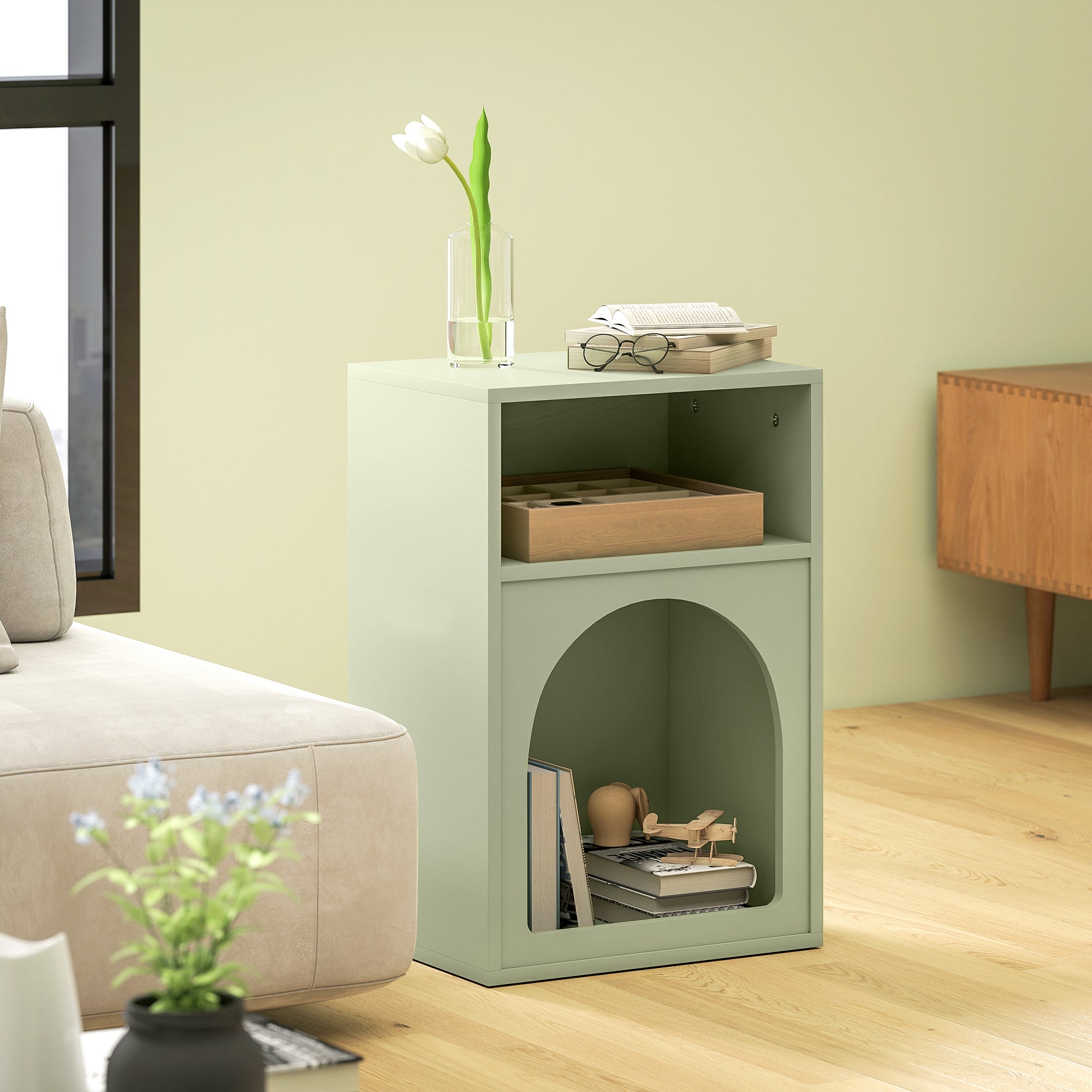 Mint green homcom bedside table with two open compartments and an arched lower shelf for stylish storage
