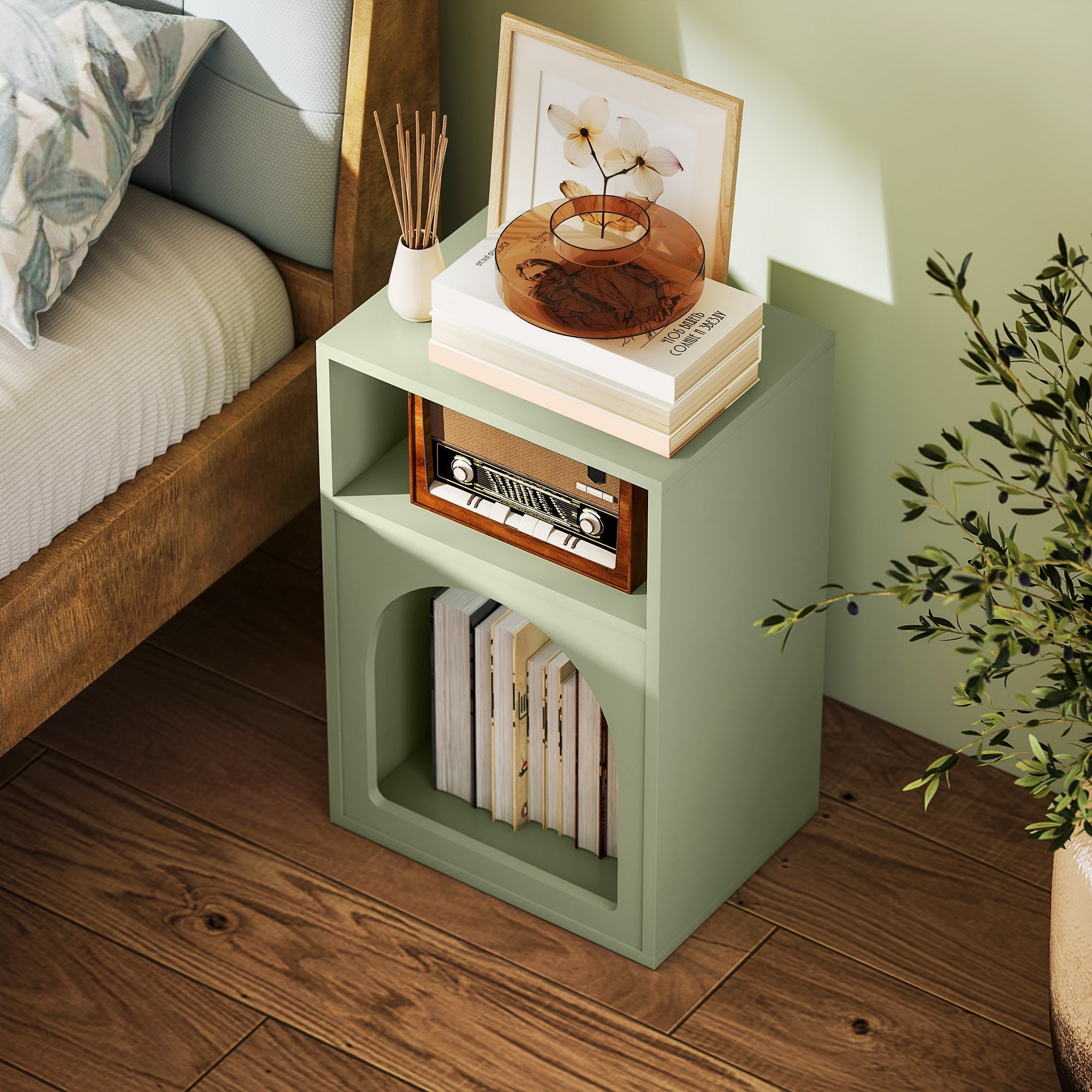 Mint green homcom bedside table with two open compartments and wooden radio on light green two-tiered nightstand