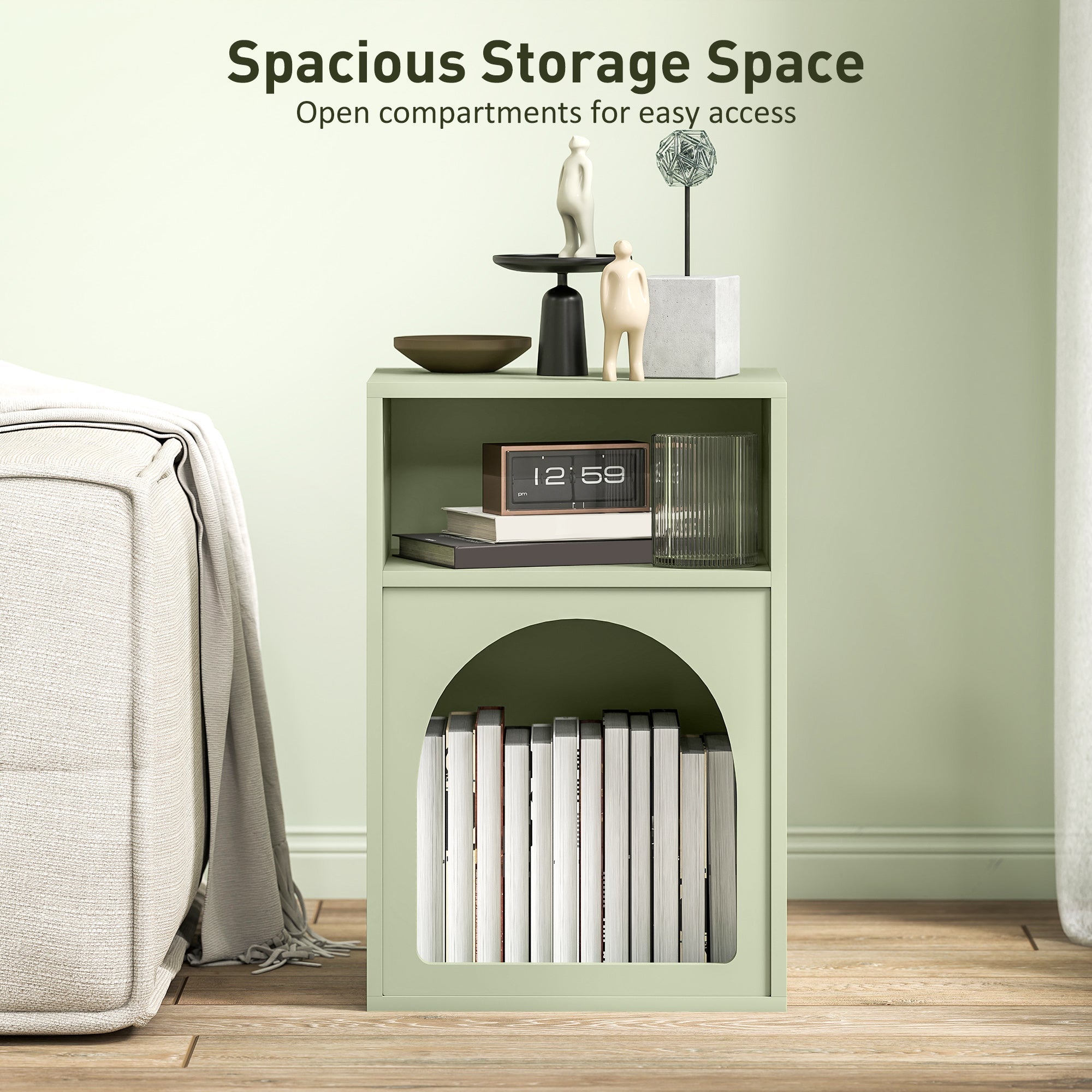 Mint green HOMCOM bedside table with two open compartments and an arched lower shelf for easy storage