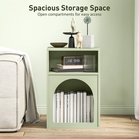 Mint green HOMCOM bedside table with two open compartments and an arched lower shelf for easy storage