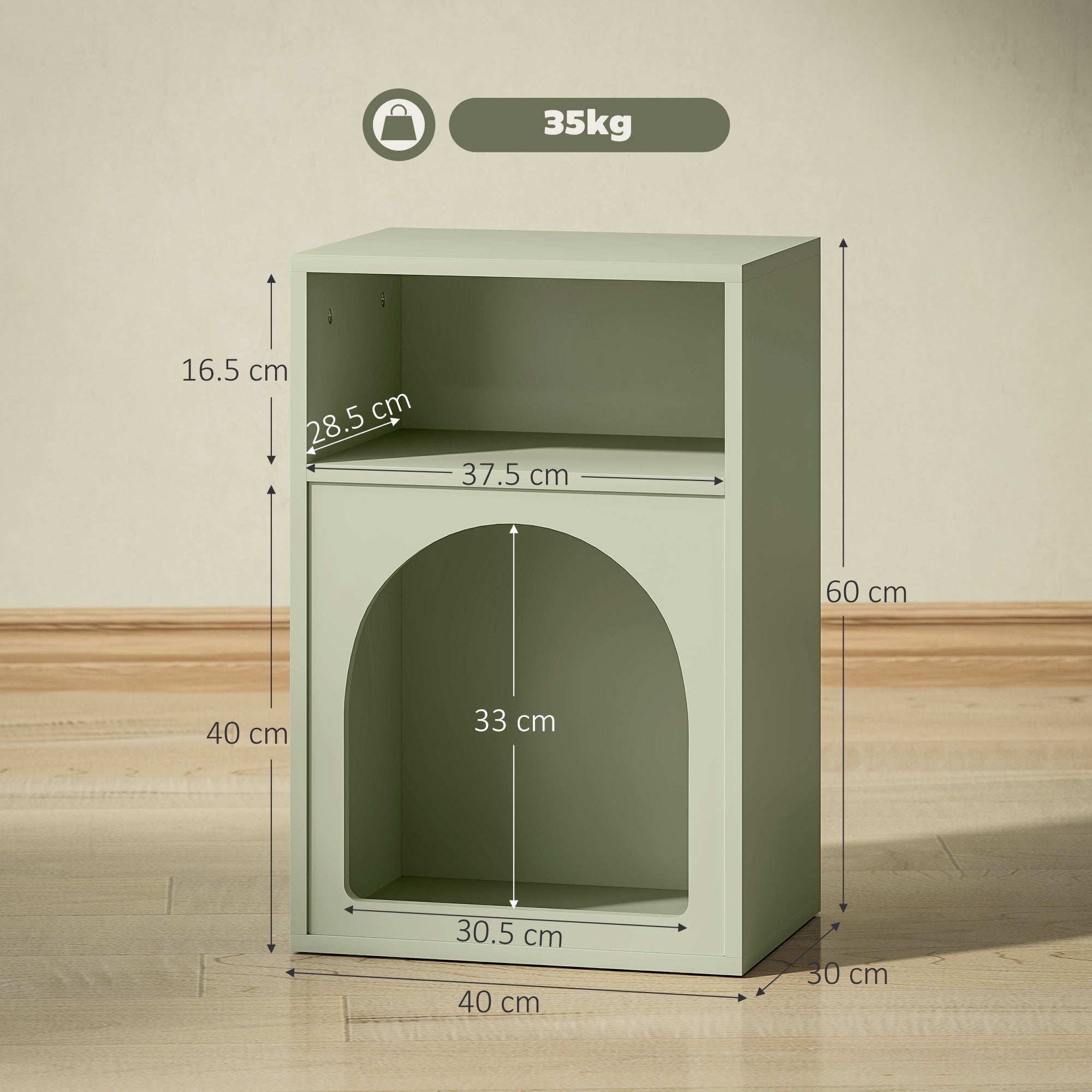 A sleek light green bedside table with two open compartments and a minimalist rounded archway cat house design