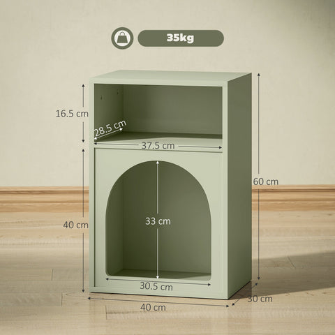 A sleek light green bedside table with two open compartments and a minimalist rounded archway cat house design